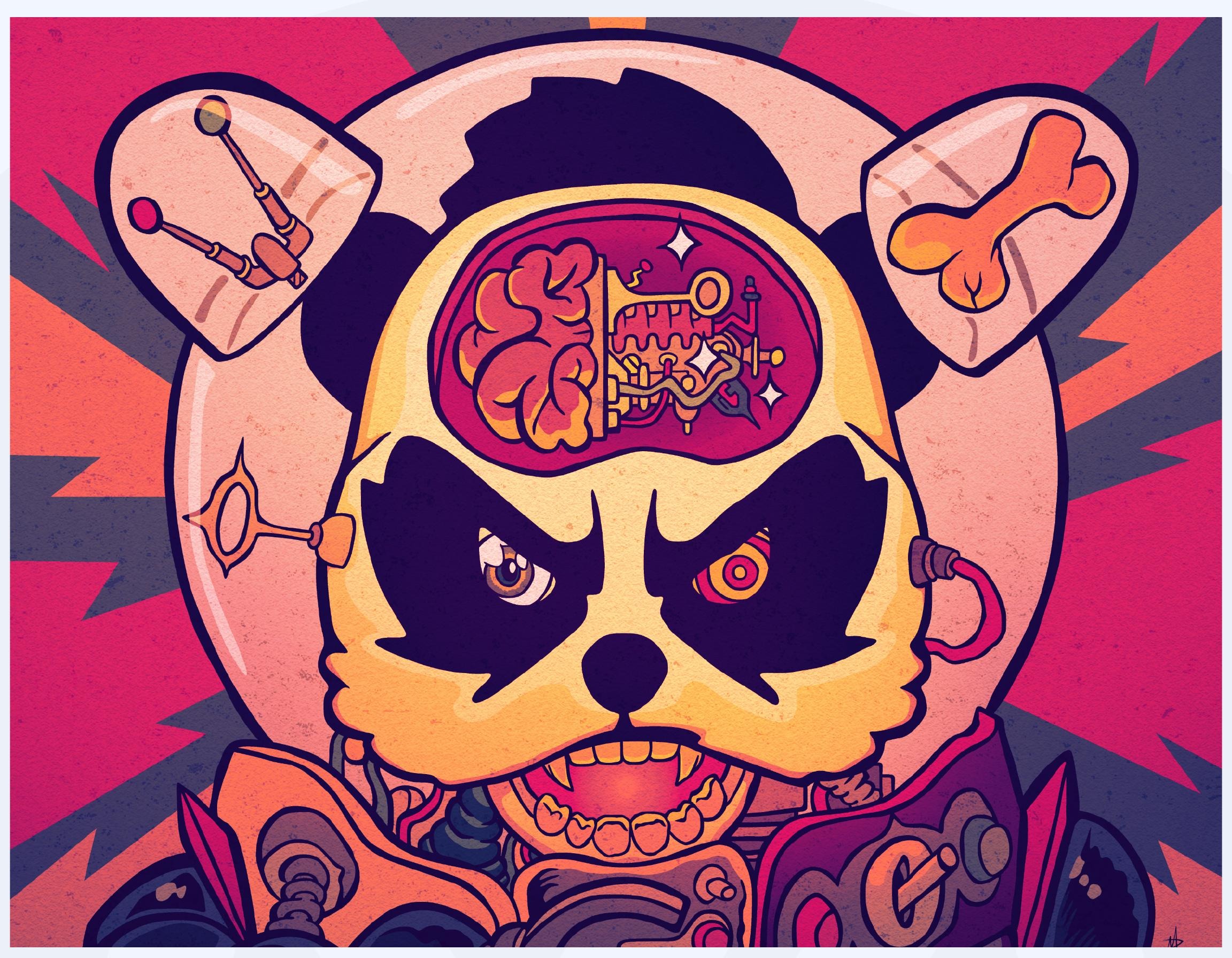 Colourful album cover illustration of a cybernetic panda skull