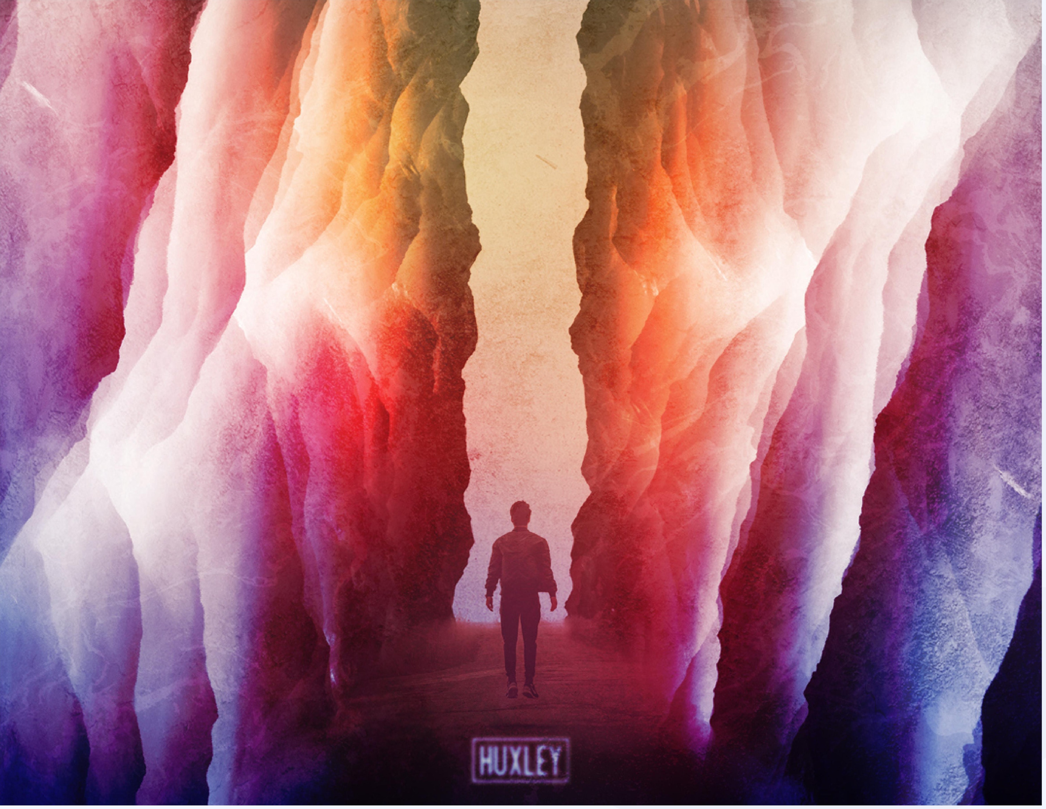 Surreal illustration of a figure walking through a glowing pink and purple canyon, Huxley
