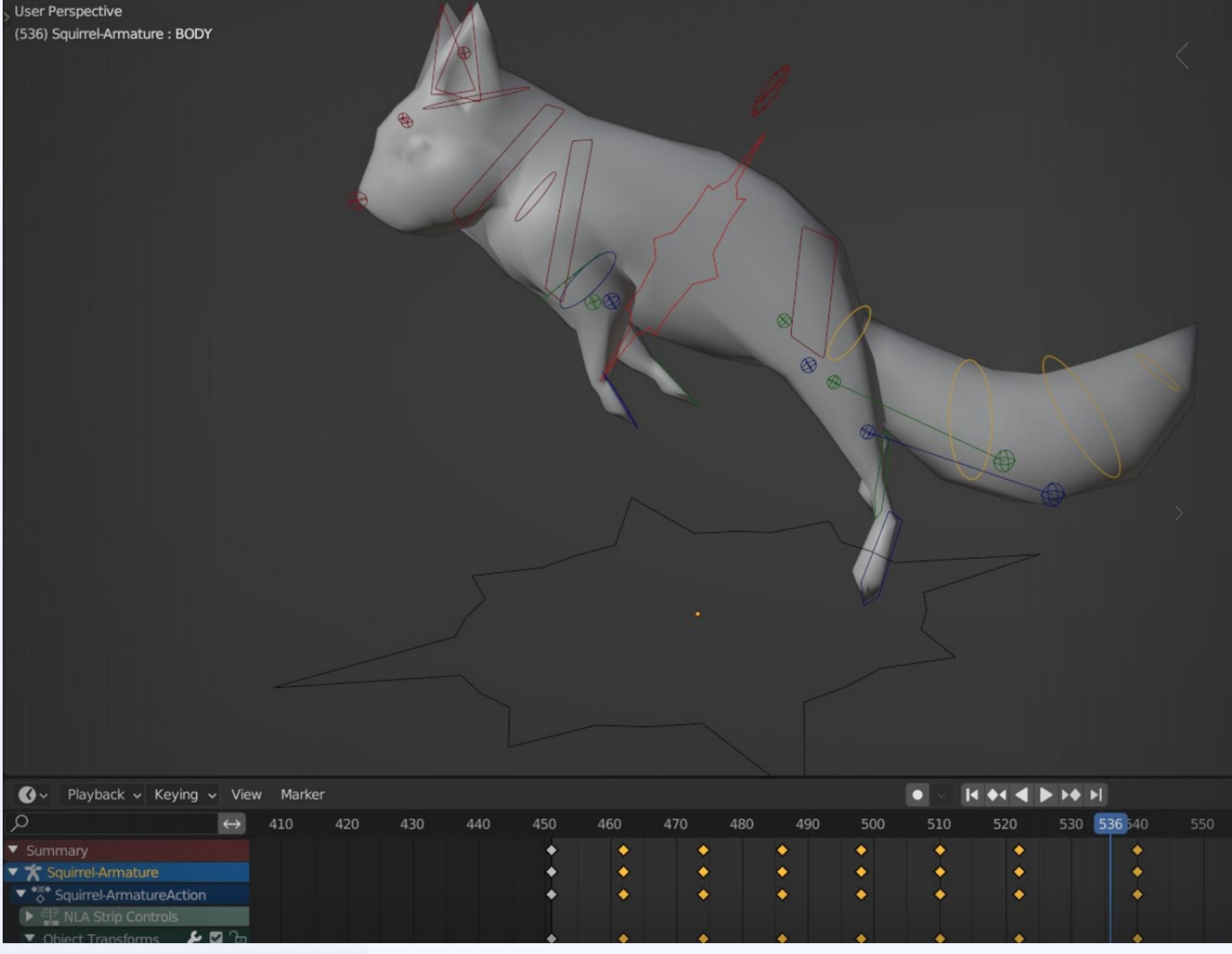 Blender viewport showing a rigged low-poly squirrel model