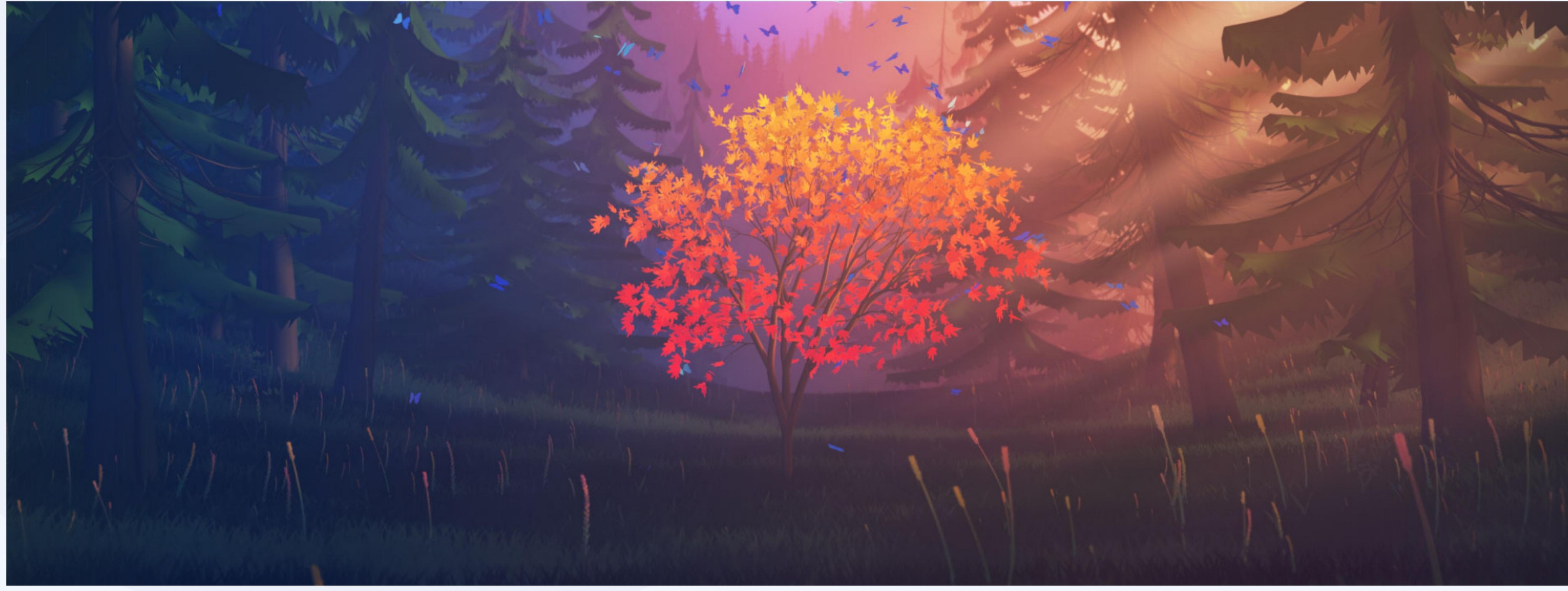 Finished render of a glowing maple tree in a low-poly forest glade at dusk