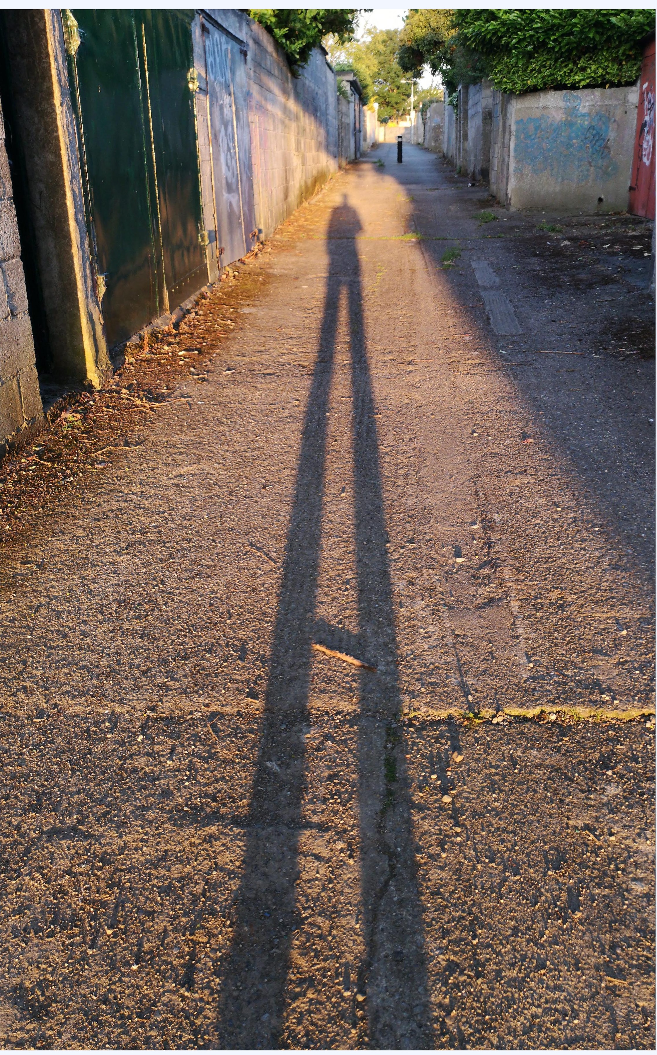 Long shadow cast down a narrow alleyway at golden hour