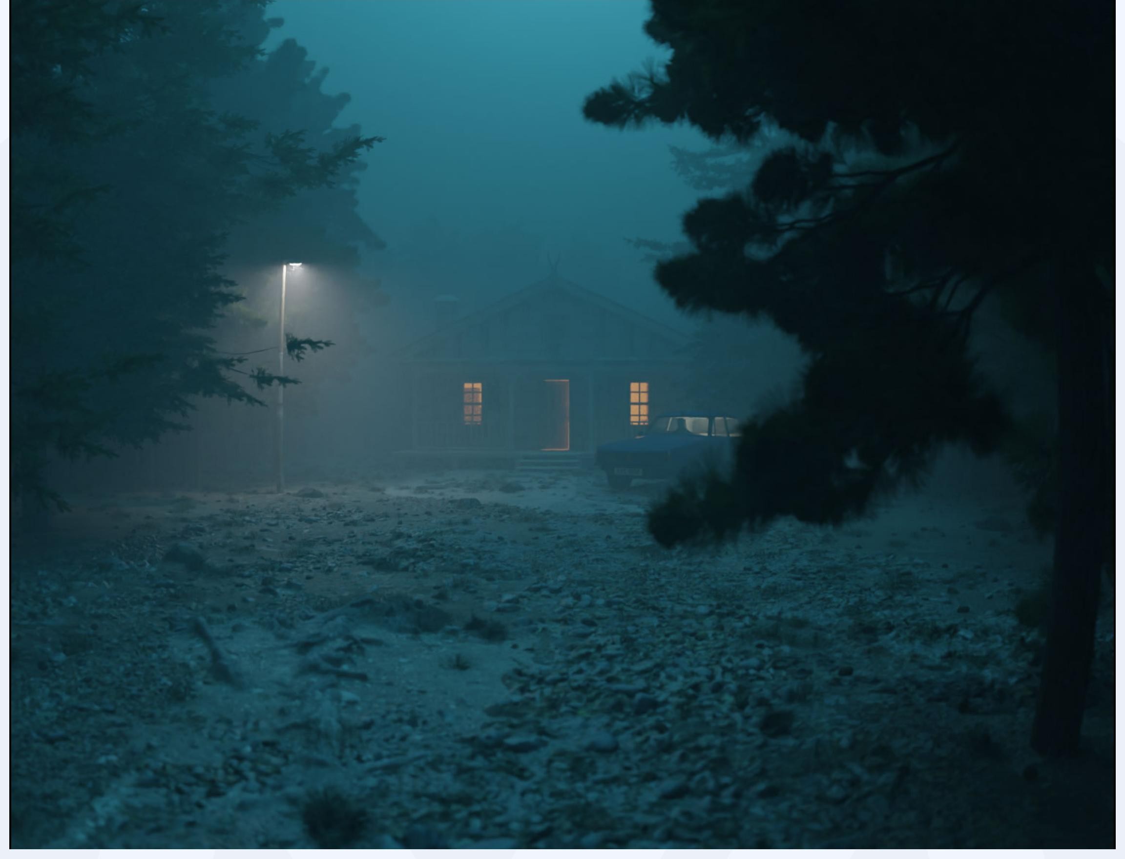 Foggy 3D rendered forest environment at night